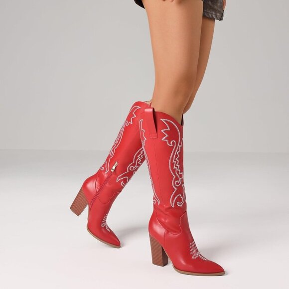 Women's Red Embroidered Wide Calf Chunky Knee High Heels Western Boots - Picture 7 of 7